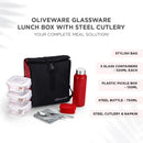 SOPL-OLIVEWARE Crystal Lunch Box with Steel Cutlery, BPA Free Lids, 3 Microwave Safe Glass Containers(3 * 320Ml Each), Plastic Pickle Box (130ml), Steel Water Bottle(750ml)