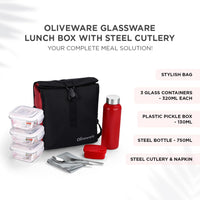 SOPL-OLIVEWARE Crystal Lunch Box with Steel Cutlery, BPA Free Lids, 3 Microwave Safe Glass Containers(3 * 320Ml Each), Plastic Pickle Box (130ml), Steel Water Bottle(750ml)