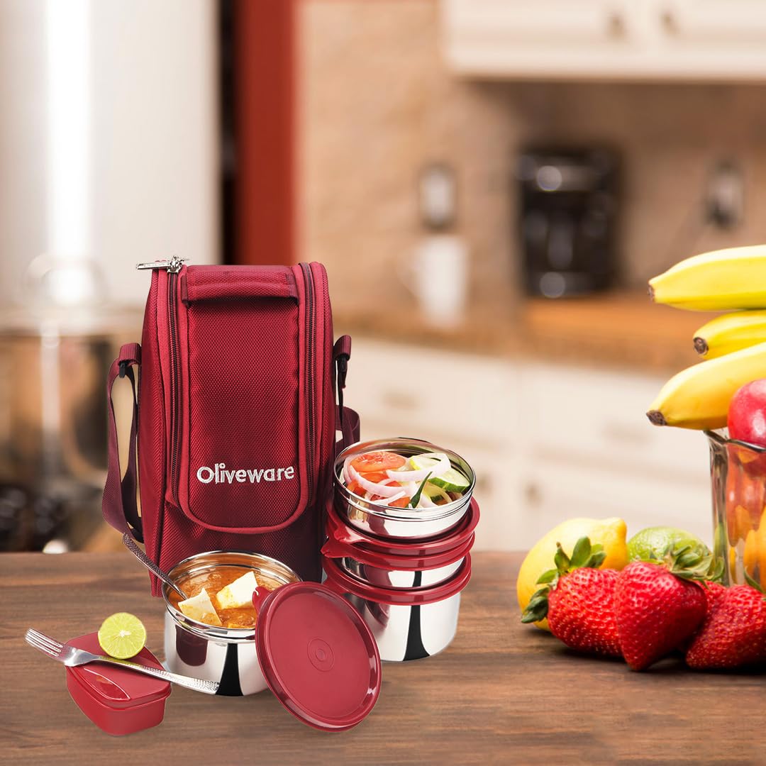 SOPL-OLIVEWARE Executive Lunch Box, 100% Leak Proof, 4 Stainless Steel Containers with BPA Free Lids (2x300ml & 2x600ml), Plastic Pickle Box (130ml), Steel Cutlery, Fabric Bag - Red