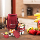 SOPL-OLIVEWARE Executive Lunch Box, 100% Leak Proof, 4 Stainless Steel Containers with BPA Free Lids (2x300ml & 2x600ml), Plastic Pickle Box (130ml), Steel Cutlery, Fabric Bag - Red