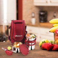 SOPL-OLIVEWARE Executive Lunch Box, 100% Leak Proof, 4 Stainless Steel Containers with BPA Free Lids (2x300ml & 2x600ml), Plastic Pickle Box (130ml), Steel Cutlery, Fabric Bag - Red
