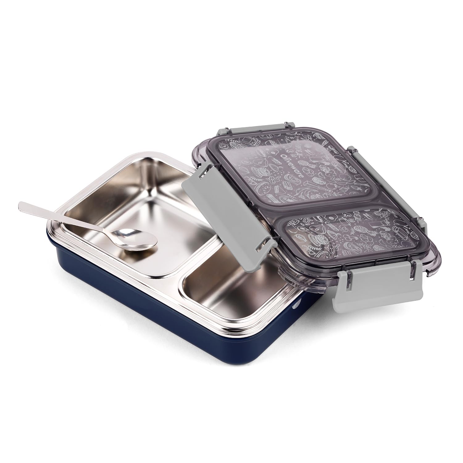 Oliveware Bento Master 2 Lunch Box | with 2 dividers | Steel Spoon | Stainless Steel | Dishwasher & Freezer Safe (Bento 2, Blue)