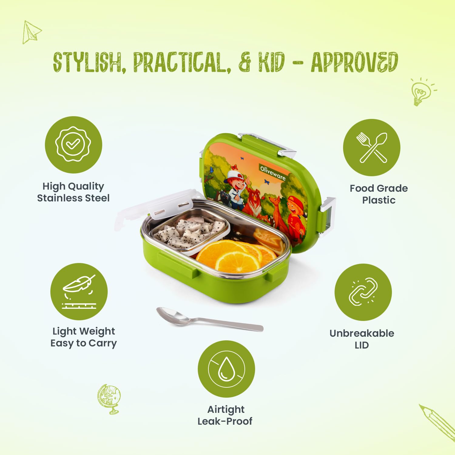 Oliveware Snacky Kids Lunch Box, Stainless Steel in 700ml Include Sabzi Container(180ml) & Steel Spoon, Food Grade BPA Free, Leak Proof & Colourful Designs (Green)
