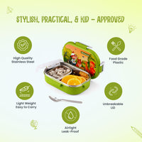 Oliveware Snacky Kids Lunch Box, Stainless Steel in 700ml Include Sabzi Container(180ml) & Steel Spoon, Food Grade BPA Free, Leak Proof & Colourful Designs (Green)
