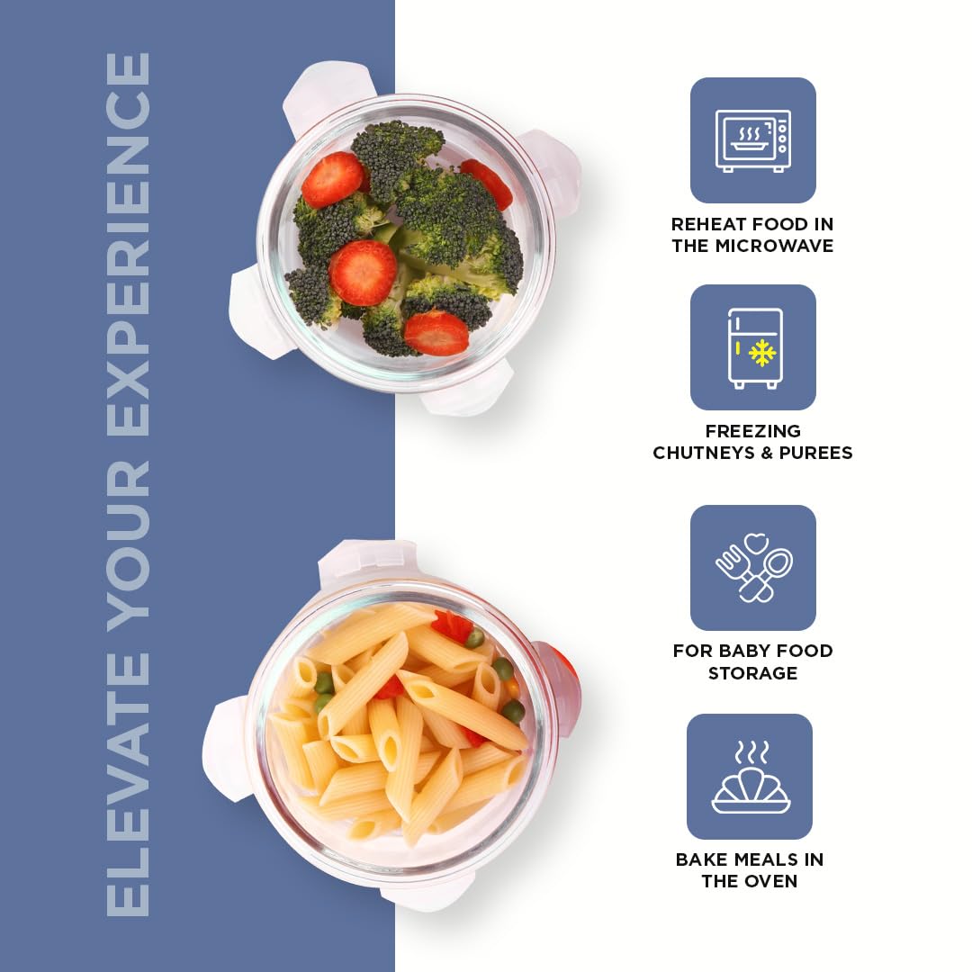 SOPL-OLIVEWARE Delta Glassware Round Lunchbox with Napkin & Steel Cutlery, Borosilicate Glass Container, Microwave Proof, Set of 2 (400ml Each) - Blue