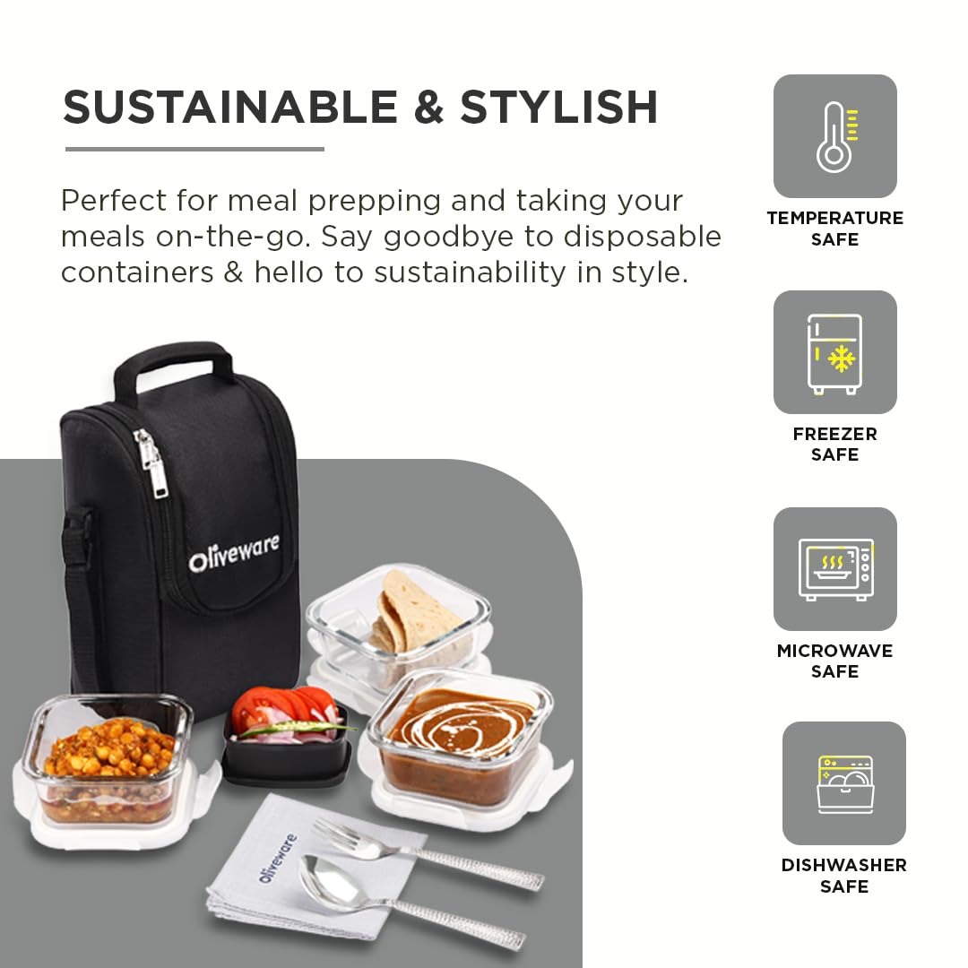 SOPL-OLIVEWARE Executive Glassware Lunchbox, Borosilicate Glass, Microwave & Freezer Safe, Set of 3 with BPA Free Lid (320ml) Each - Black