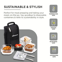 SOPL-OLIVEWARE Executive Glassware Lunchbox, Borosilicate Glass, Microwave & Freezer Safe, Set of 3 with BPA Free Lid (320ml) Each - Black