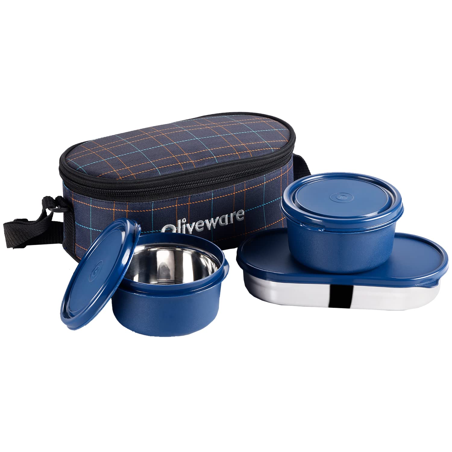 SOPL-OLIVEWARE Hazel Lunch Box, Leak Proof & Microwave Safe, 3 Stainless Steel Containers (450ml, 450ml, 550ml), Insulated Fabric Bag, Full Meal & Easy to Carry (Blue)
