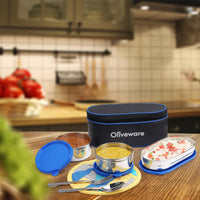 SOPL-OLIVEWARE Sophia Stainless Steel Lunch Box, Spoon & Fork, 100% Leak Proof, 3 Container with BPA Free Lid (350ml, 350ml, 550ml), Insulated Fabric Bag - Blue