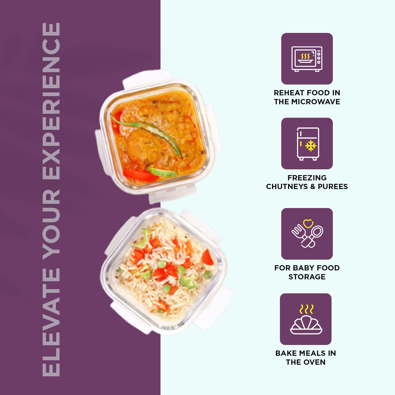 SOPL-OLIVEWARE Feast Glassware Square Lunchbox, Borosilicate Glass Containers, Microwave Safe & Leak Proof, 2 Containers with BPA Free Lids (320ml) Each - Voilet