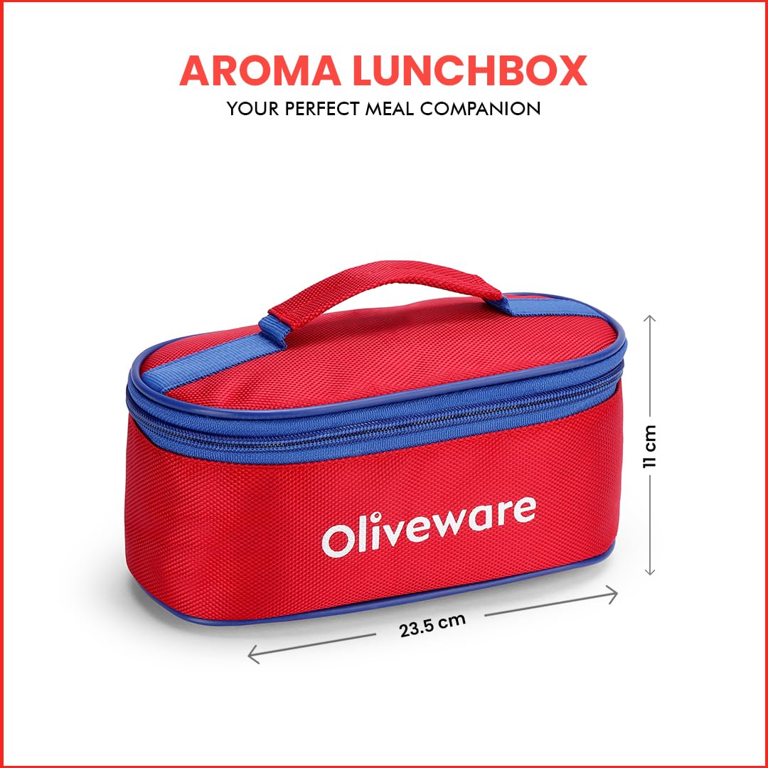 oliveware Aroma Stainless Steel Lunch Box, Leak Proof, 2 Container with BPA Free Air-Tight Lid (350ml & 350ml), Plastic Roti Box (450ml) - Red