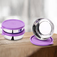 SOPL-OLIVEWARE Magic Storage Container, 100% Leak Proof & BPA Free Lid, Dishwasher Safe, 3 Stainless Steel Containers with 300 ml Each - Voilet