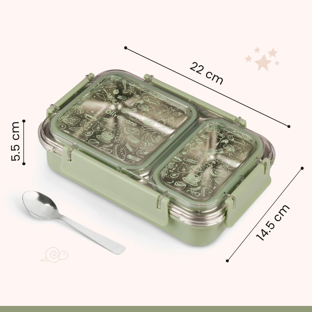 Oliveware Bento Master 2 Lunch Box | with 2 dividers | Steel Spoon | Stainless Steel | Dishwasher & Freezer Safe (Bento 2, Green)