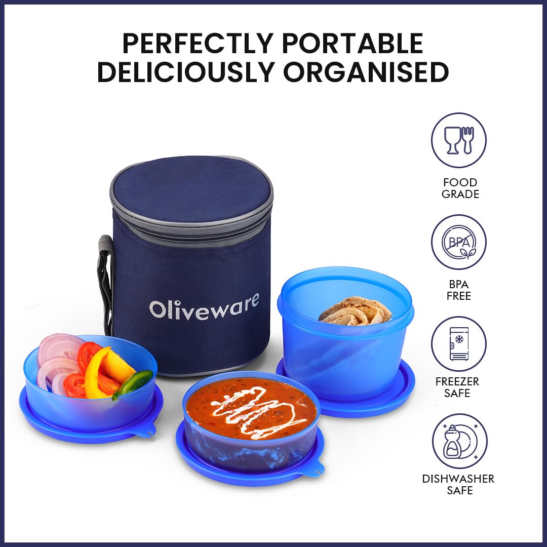 oliveware Lovely Little Plastic Lunch Box, Microwave Safe & Leak Proof, Food Grade BPA Free 3 Containers (290ml, 290ml, 600ml), Fabric Bag - Blue