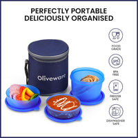 oliveware Lovely Little Plastic Lunch Box, Microwave Safe & Leak Proof, Food Grade BPA Free 3 Containers (290ml, 290ml, 600ml), Fabric Bag - Blue