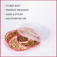 Oliveware Elegant Plastic Dry Fruit Tray with Airtight Lid, BPA Free, 5 Compartments (4x160 ml,1x100 ml), for Snacks and Dry Fruits - Red