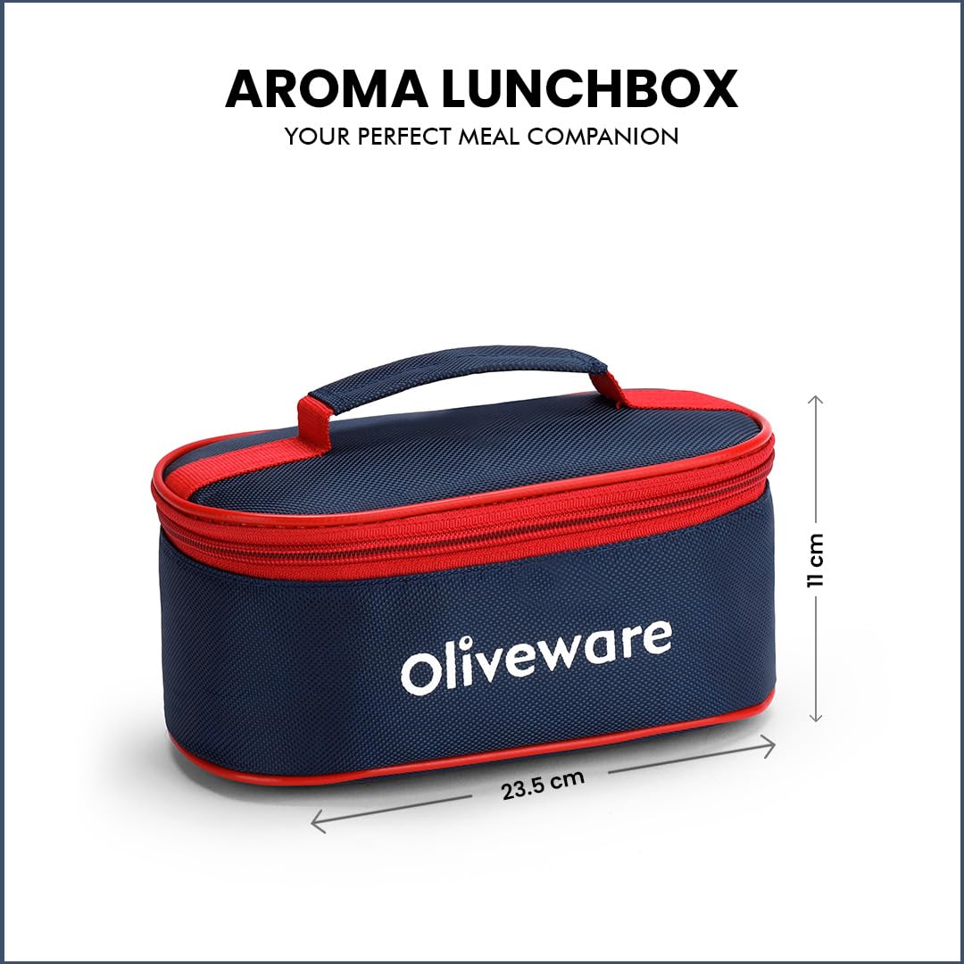 oliveware Aroma Stainless Steel Lunch Box, Leak Proof, 2 Container with BPA Free Air-Tight Lid (350ml & 350ml), Plastic Roti Box (450ml) - Blue