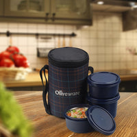 SOPL-OLIVEWARE Amber Lunch Box, Microwave Safe & Leak Proof, 3 Inside Steel Containers with BPA Free Lids (2 * 450ml & 600ml), Fabric Bag - Blue