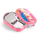 Oliveware Snacky Kids Lunch Box, Stainless Steel in 700ml Include Sabzi Container(180ml) & Steel Spoon, Food Grade BPA Free, Leak Proof & Colourful Designs (Pink)