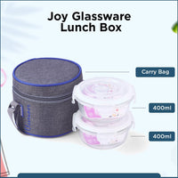 SOPL-OLIVEWARE Joy Glassware Round Lunchbox, Borosilicate Glass Containers, Microwave Safe & Leak Proof, 2 Containers with BPA Free Lids (400ml) Each - Blue