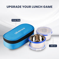 oliveware Crunch Lunch Box, 2 Stainless Steel Containers (300 ml), Leak Proof with BPA Free Air Tight Lids, Fabric Jacket - Blue