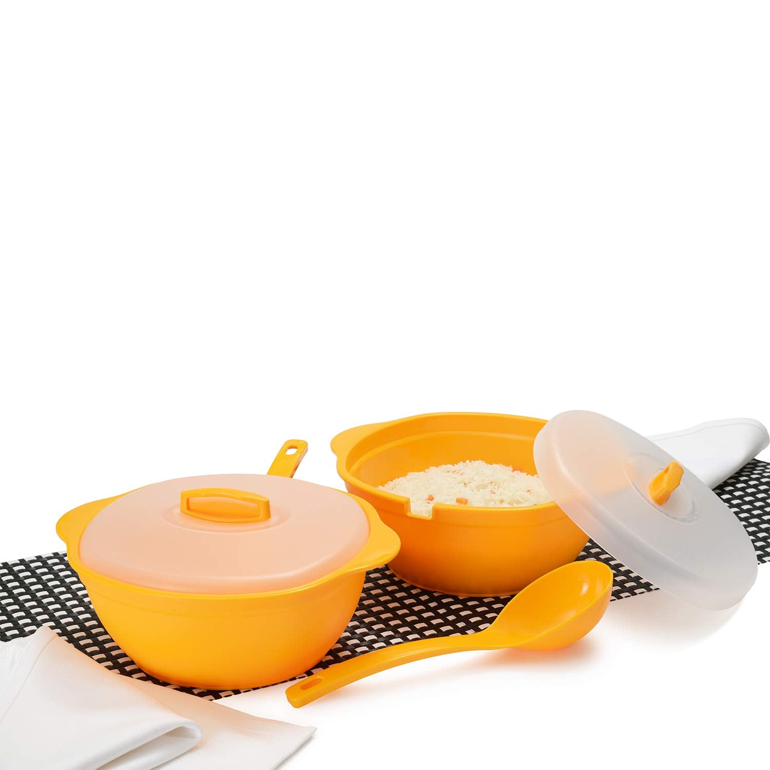 oliveware Diplomat Serving Bowl Set - 2000ml | 2 Bowls with lid and Serving Spoons | Microwave Safe | for Heating & Serving| for Breakfast, Lunch, Dinner - Yellow (Plastic)
