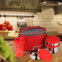 oliveware Mayo Lunch Box, 3 Stainless Steel Containers with BPA Free Lids (300ml, 300ml, 580ml), Plastic Sipper (450ml), Leak Proof, Full Meal & Easy to Carry - Red
