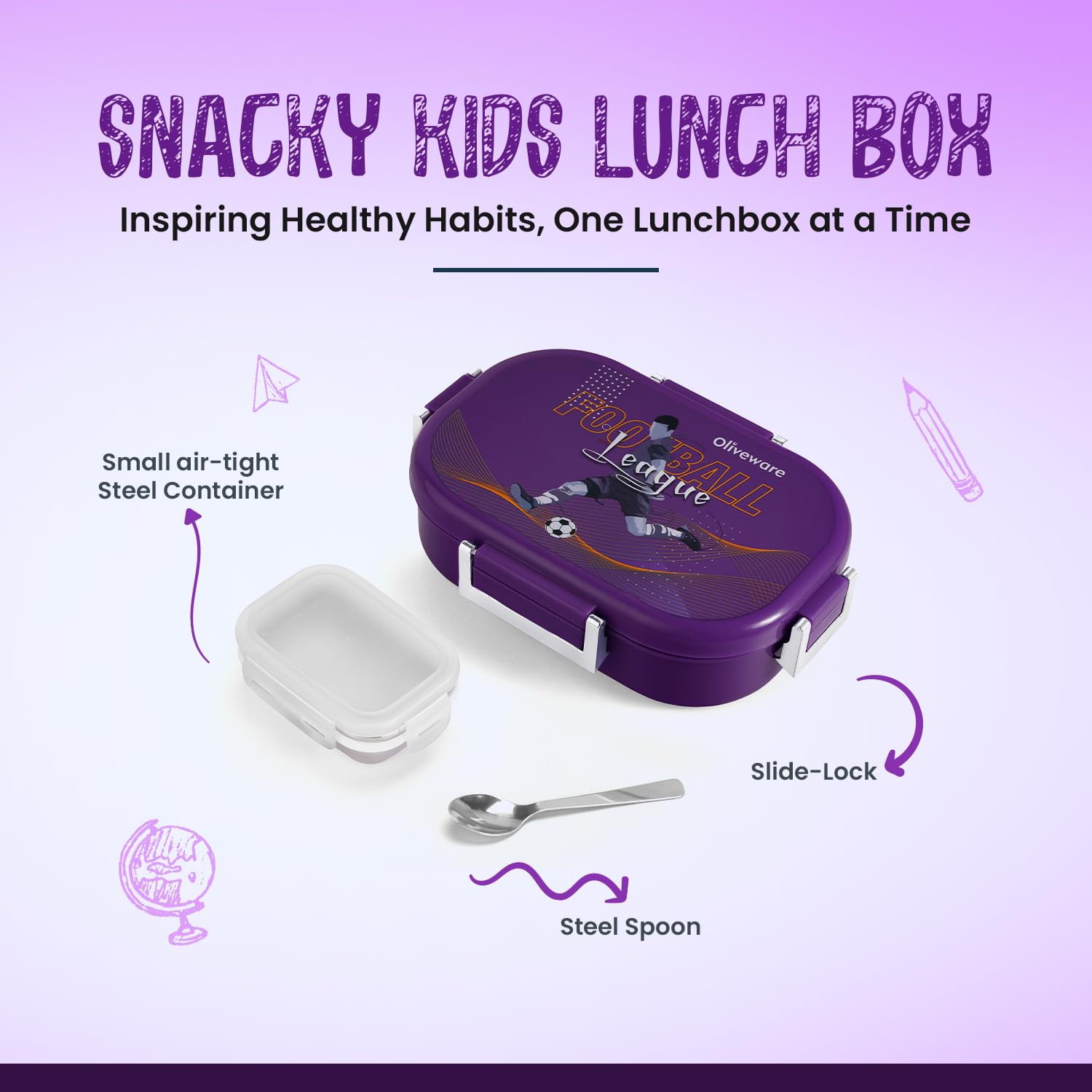 Oliveware Snacky Kids Lunch Box, Stainless Steel in 700ml Include Sabzi Container(180ml) & Steel Spoon, Food Grade BPA Free, Leak Proof & Colourful Designs (Voilet)