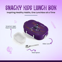 Oliveware Snacky Kids Lunch Box, Stainless Steel in 700ml Include Sabzi Container(180ml) & Steel Spoon, Food Grade BPA Free, Leak Proof & Colourful Designs (Voilet)
