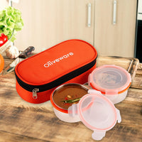 oliveware Crunch Lunch Box, 2 Stainless Steel Containers (300 ml), Leak Proof with BPA Free Air Tight Lids, Fabric Jacket - Orange