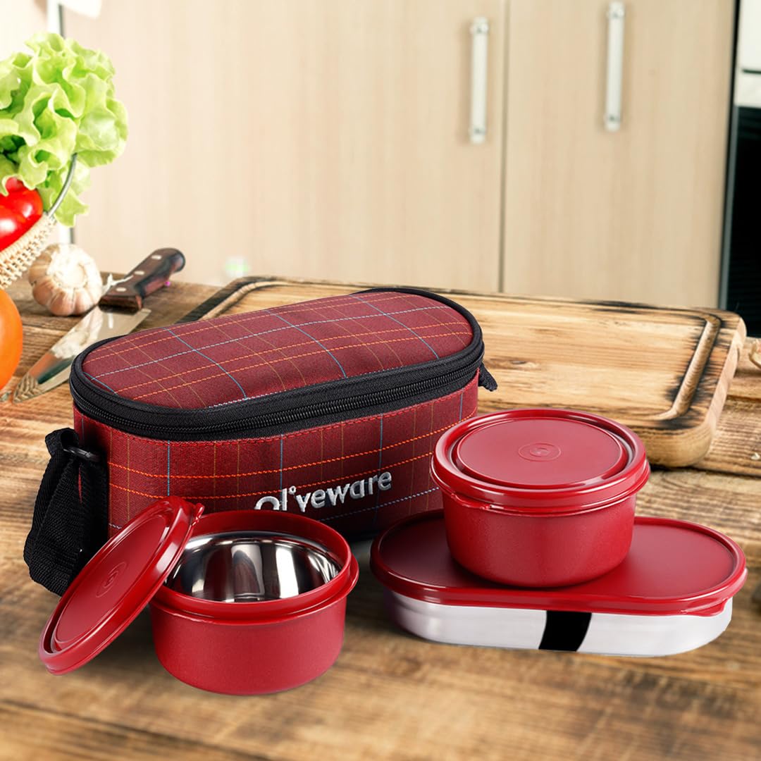 SOPL-OLIVEWARE Hazel Lunch Box, Leak Proof & Microwave Safe, 3 Stainless Steel Containers (450ml, 450ml, 550ml), Insulated Fabric Bag, Full Meal & Easy to Carry (Red)