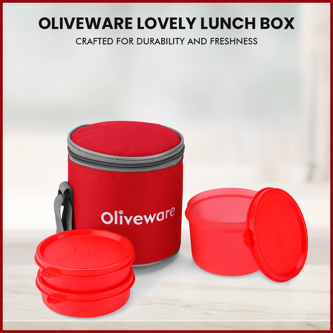 oliveware Lovely Little Plastic Lunch Box, Microwave Safe & Leak Proof, Food Grade BPA Free 3 Containers (290ml, 290ml, 600ml), Fabric Bag - Red