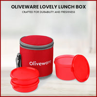 oliveware Lovely Little Plastic Lunch Box, Microwave Safe & Leak Proof, Food Grade BPA Free 3 Containers (290ml, 290ml, 600ml), Fabric Bag - Red