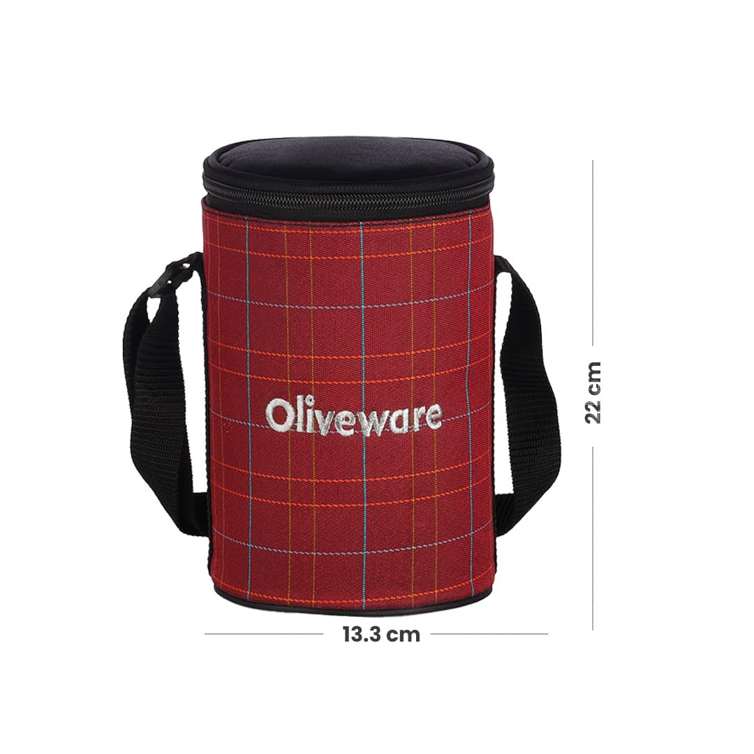 SOPL-OLIVEWARE Amber Lunch Box, Microwave Safe & Leak Proof, 3 Inside Steel Containers with BPA Free Lids (2 * 450ml & 600ml), Fabric Bag - Red