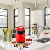 oliveware Jumbo Lunch Box, 4 Stainless Steel Containers with 350ml, Insulated Body, Leak Proof, Full Meal & Easy to Carry - Red