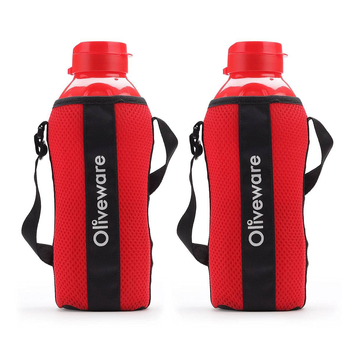 SOPL-OLIVEWARE Jumbo Water Bottle With Washable Carry Sleeve, Shoulder Strap, 2 Litre Bottle, BPA Free & Leak Proof, Fits in Fridge, Pack of 2 - Red