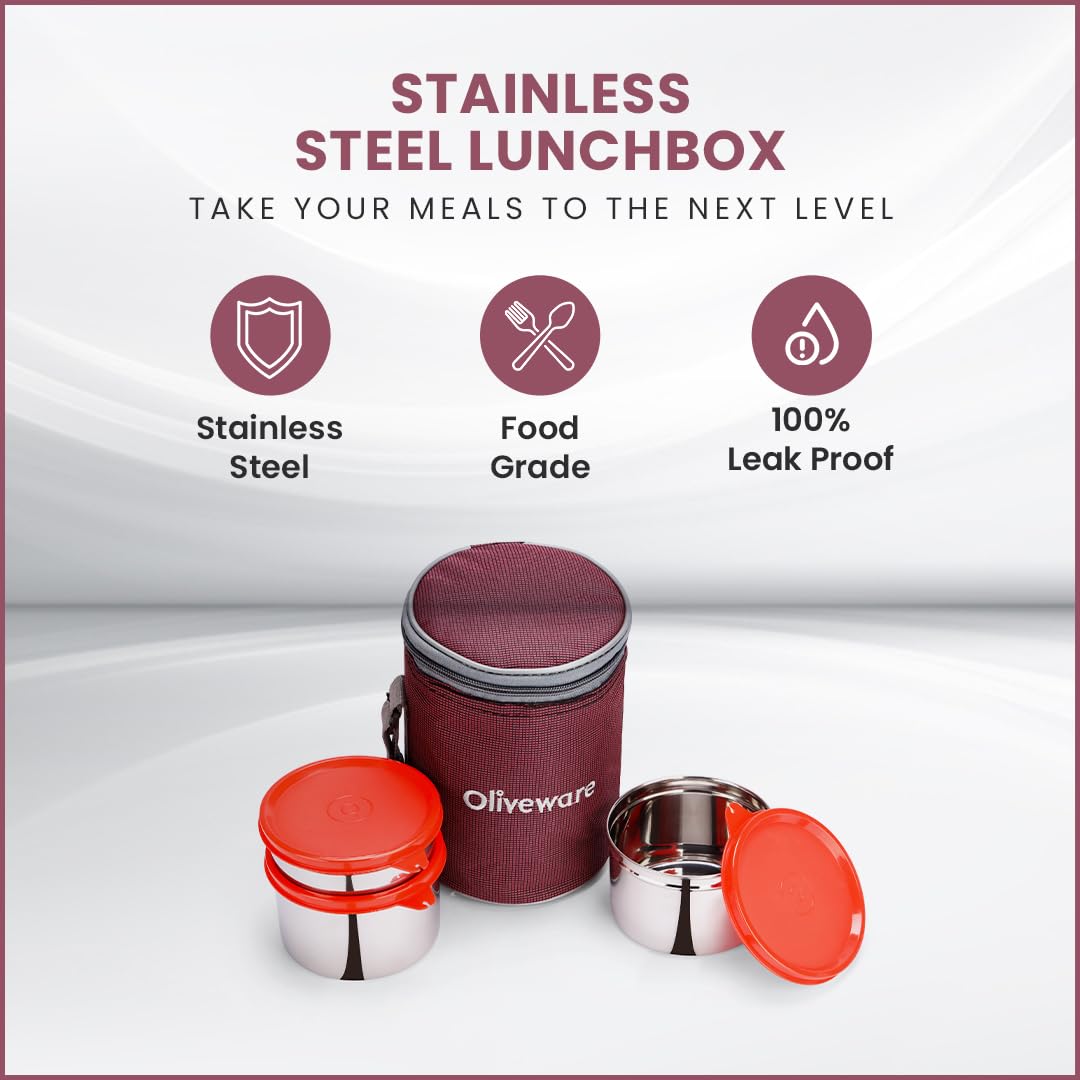 oliveware Angelic Lunch Box, Leak Proof, 3 Stainless Steel Containers with BPA Free Airtight Lid (450ml, 450ml & 250ml), Insulated Fabric Bag - Maroon