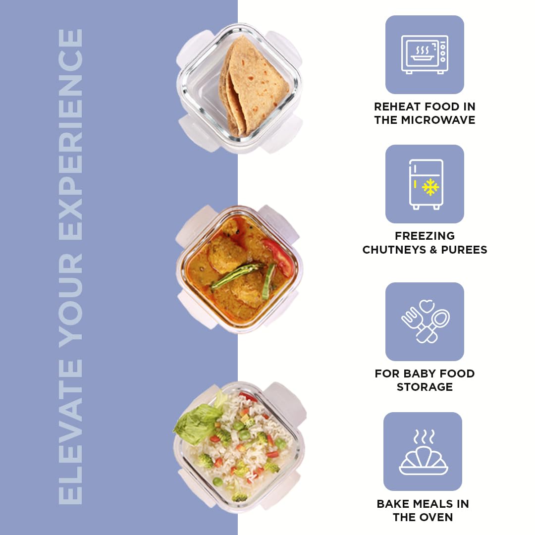 SOPL-OLIVEWARE Executive Glassware Lunchbox, Borosilicate Glass, Microwave & Freezer Safe, Set of 3 with BPA Free Lid (320ml) Each - Blue