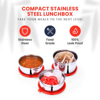 SOPL-OLIVEWARE Retro Premium Lunch Box | Stainless Steel | 3 containers | with Stylish Carry Bag | for Office, School | - (LB88CW) (Red)