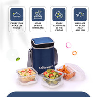 SOPL-OLIVEWARE Bounty Borosilicate Glassware Lunchbox, Microwave & Freezer Safe, Set of 3 containers with BPA Free Airtight Lids (320ml) Each - Blue