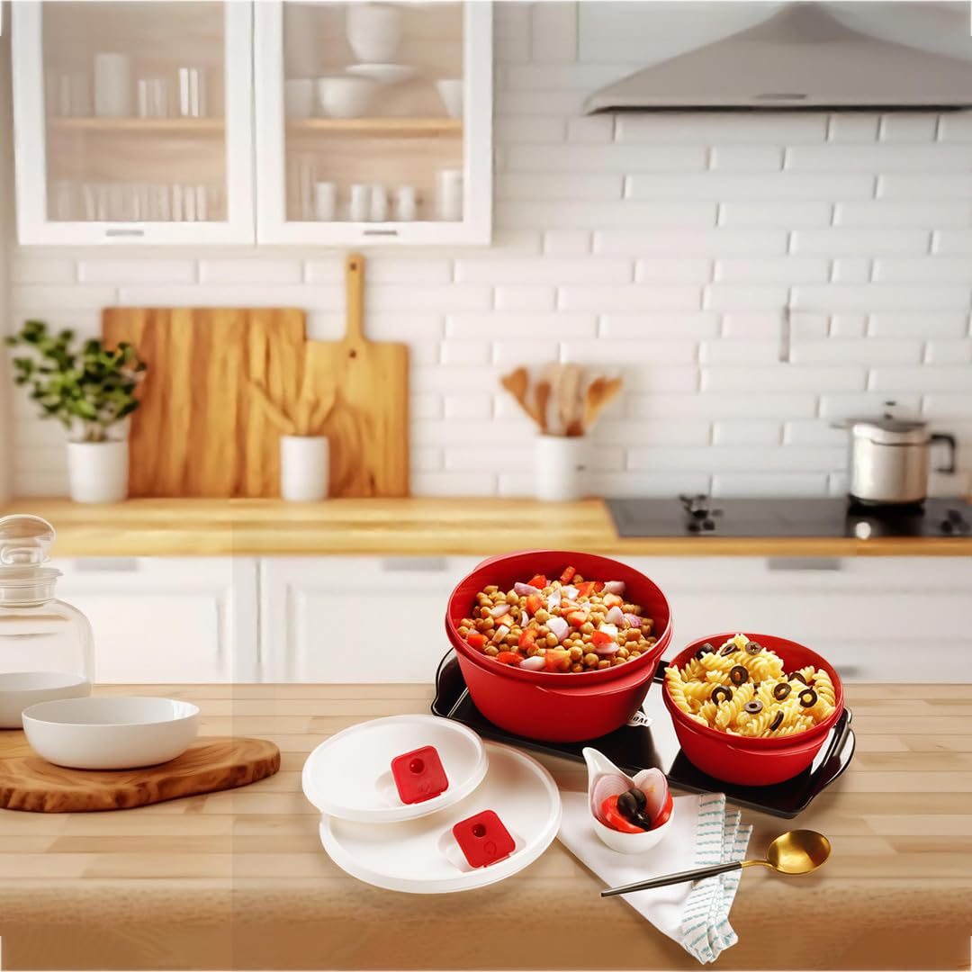 oliveware Micro Dynasty Containers with Air Vent Lid, Microwave & Dishwasher Safe, BPA Free, Store and Serve, Set of 2 (1 Big 2000ml & 1 Small 900ml) - Maroon