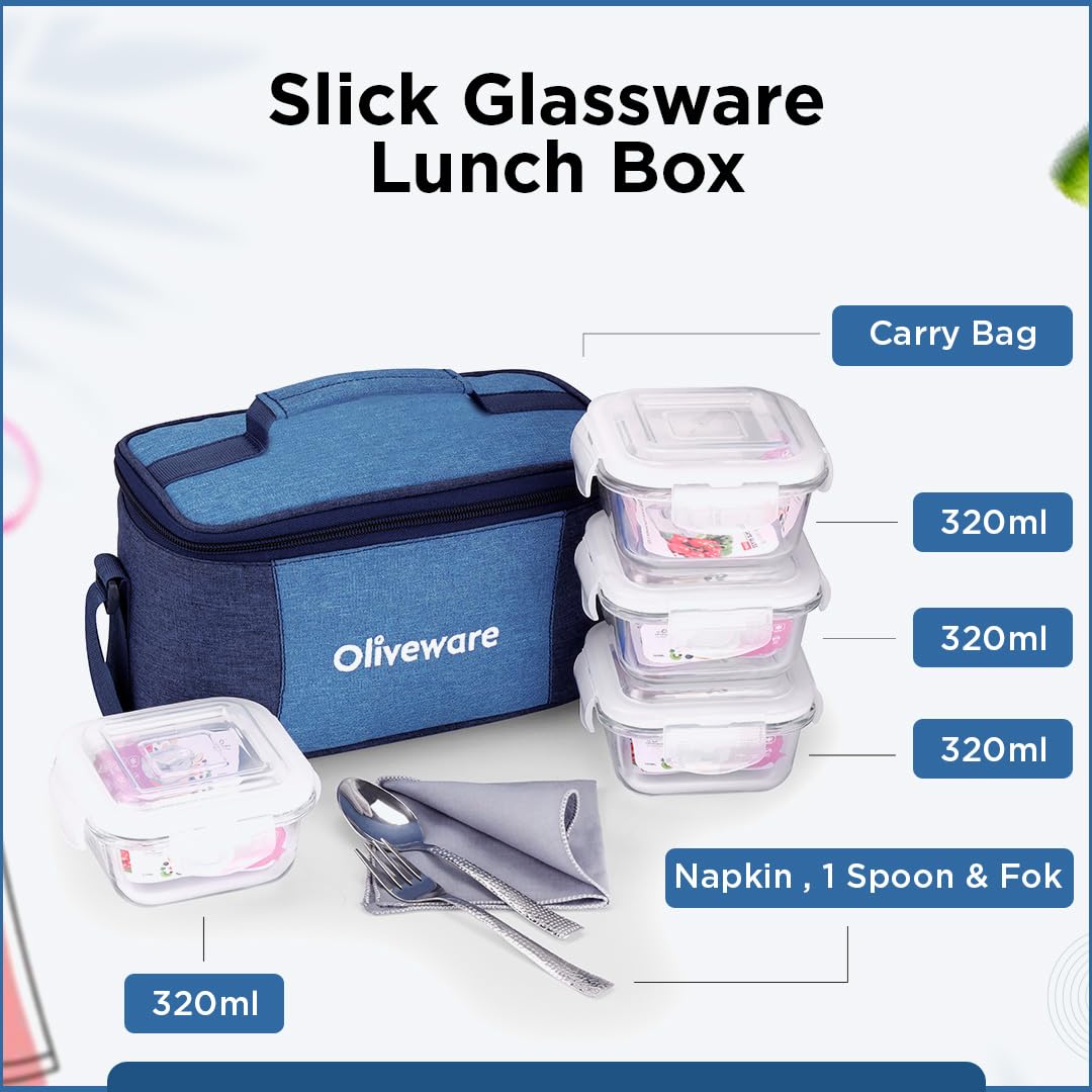 SOPL-OLIVEWARE Slick Glass Lunch Box, Borosilicate Glass Container with BPA Free Lids, Napkin & Steel Cutlery, Microwave Safe, Set of 4 (320ml) Each - Blue