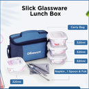 SOPL-OLIVEWARE Slick Glass Lunch Box, Borosilicate Glass Container with BPA Free Lids, Napkin & Steel Cutlery, Microwave Safe, Set of 4 (320ml) Each - Blue