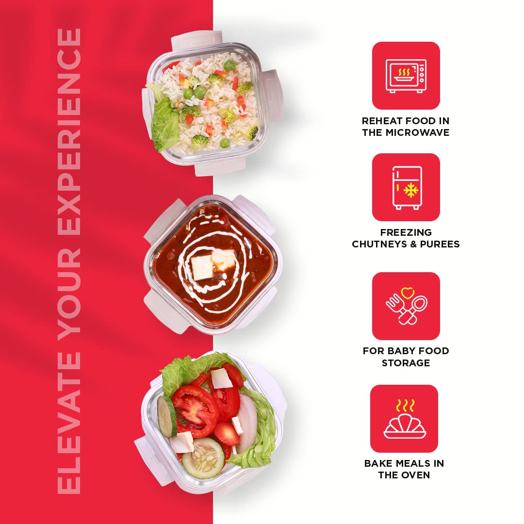 SOPL-OLIVEWARE Bounty Borosilicate Glassware Lunchbox, Microwave & Freezer Safe, Set of 3 containers with BPA Free Airtight Lids (320ml) Each - Red