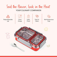 Oliveware Bento Master 2 Lunch Box | with 2 dividers | Steel Spoon | Stainless Steel | Dishwasher & Freezer Safe (Bento 2, Orange)