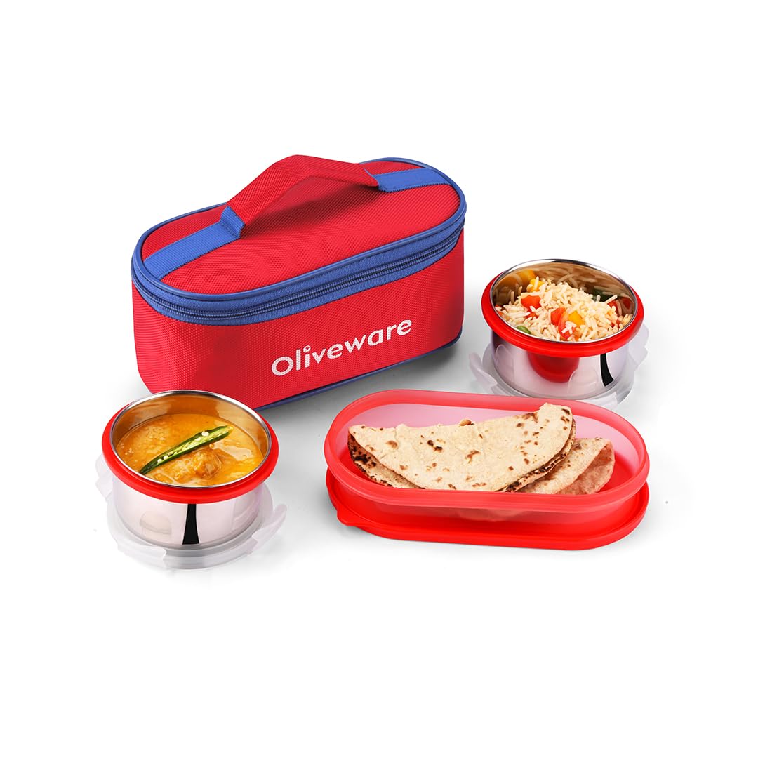 oliveware Aroma Stainless Steel Lunch Box, Leak Proof, 2 Container with BPA Free Air-Tight Lid (350ml & 350ml), Plastic Roti Box (450ml) - Red