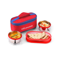 oliveware Aroma Stainless Steel Lunch Box, Leak Proof, 2 Container with BPA Free Air-Tight Lid (350ml & 350ml), Plastic Roti Box (450ml) - Red