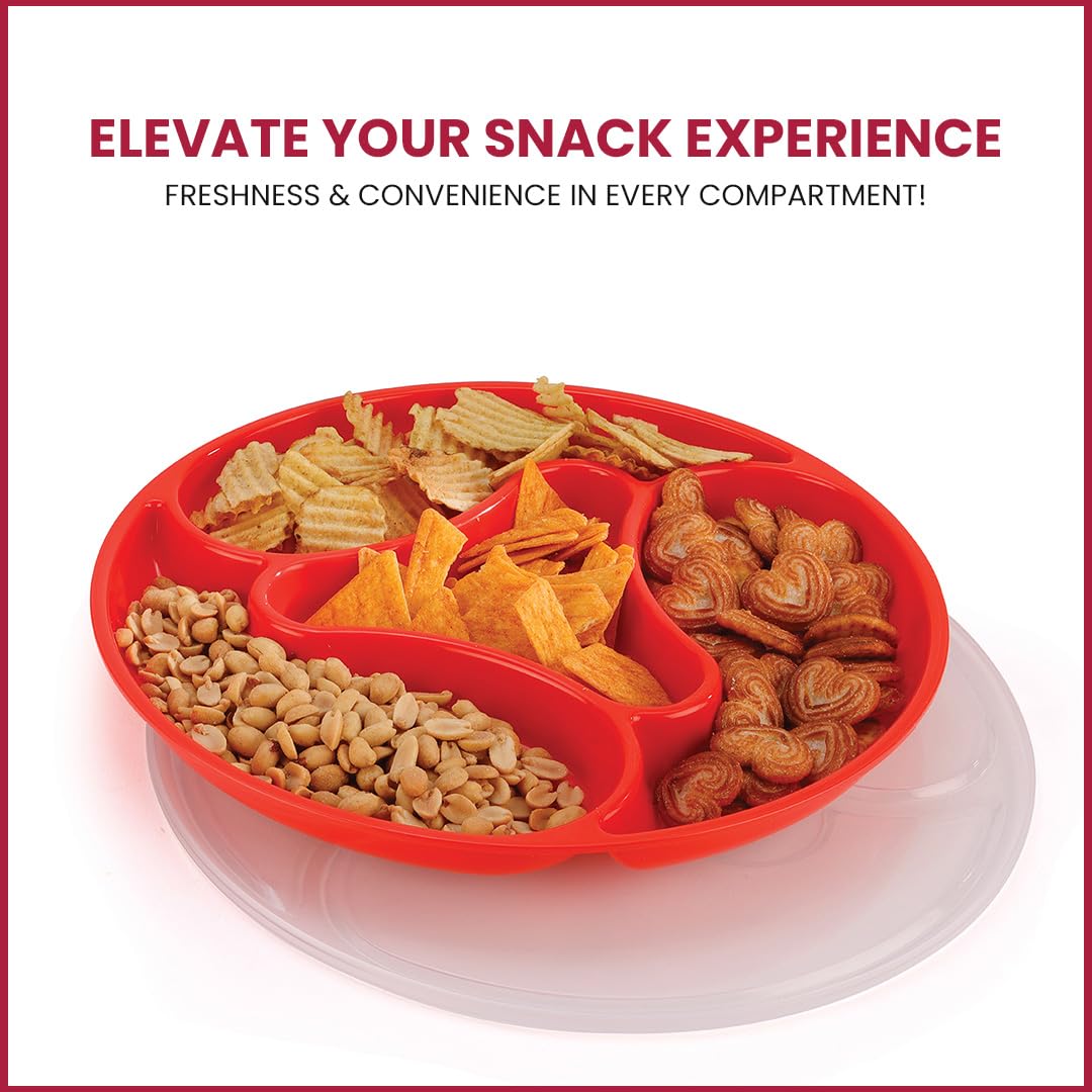 oliveware Majestic Snaks & Dry Fruit Candy Tray with Airtight Lid, BPA Free Plastic, 4 compartments (4x300 ml), Store & Serve - Red