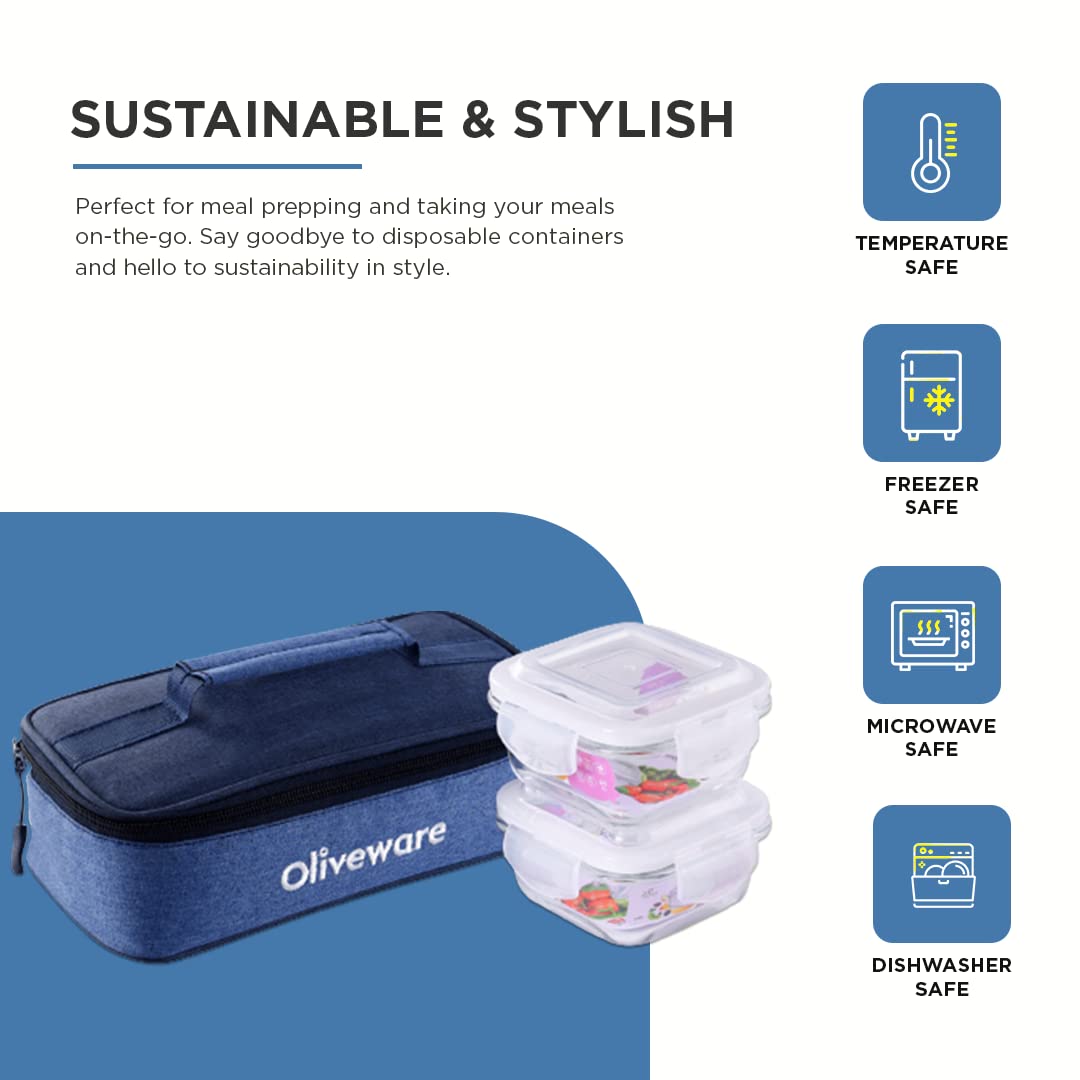 SOPL-OLIVEWARE Exotica Glass Lunch Box, Microwave Safe, Borosilicate Glass Containers with Cutlery + Napkin, Full Meal & Easy to Carry, Set of 2 (320ml)- Blue