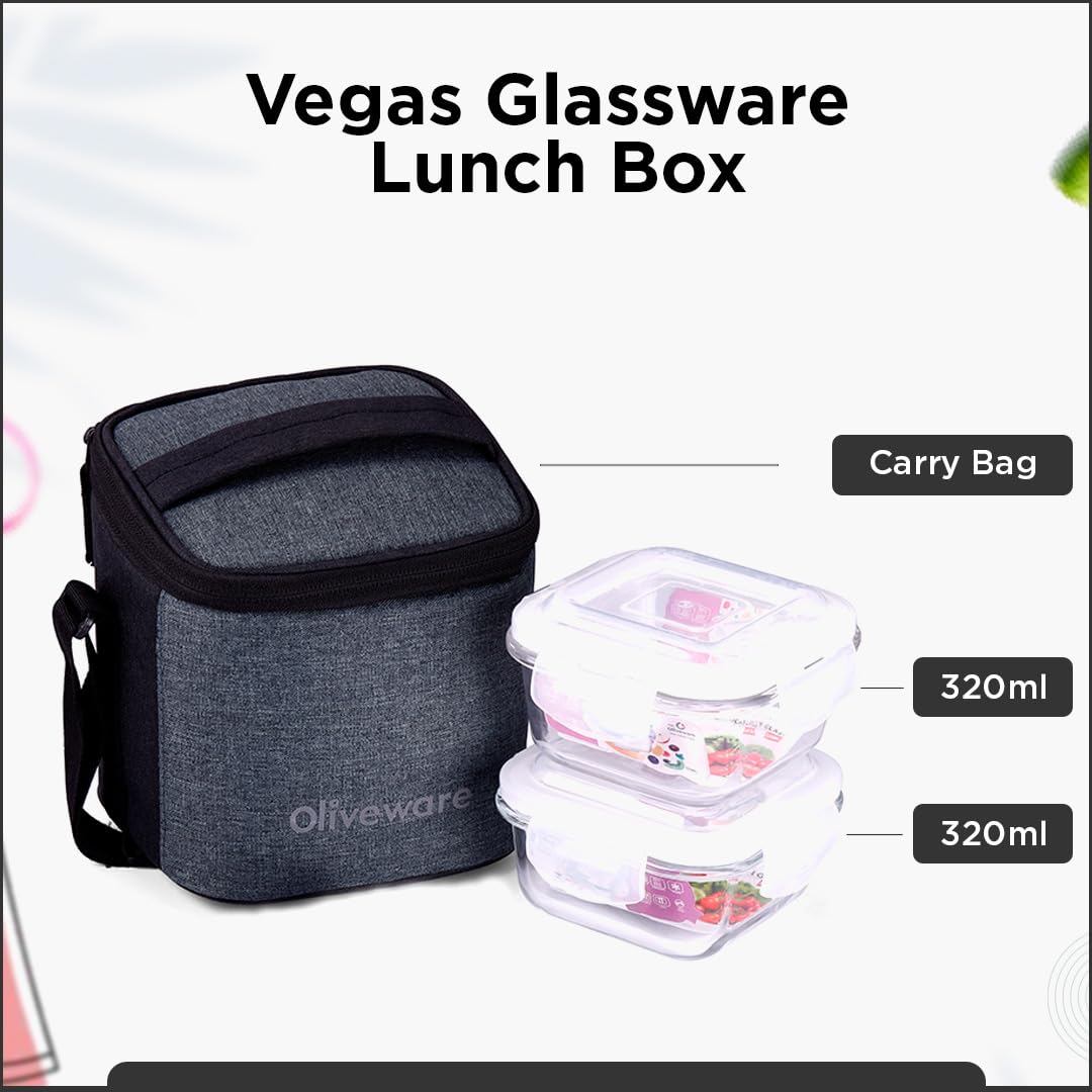 Oliveware Vegas Glassware Lunchbox for Office | Borosilicate Glass | Microwave, Dishwasher & Freezer Safe | Set of 2 Leak Proof & Air Tight Containers | 320ml each